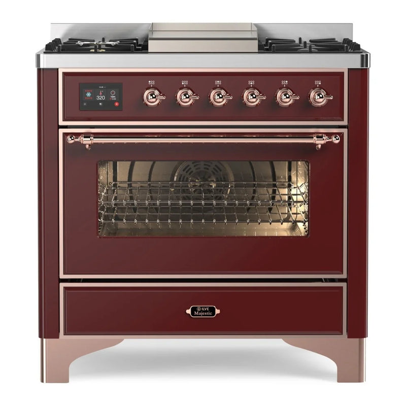 ILVE Majestic II 36" Dual Fuel Freestanding Range in Burgundy with Copper Trim, UM09FDNS3BUPLP
