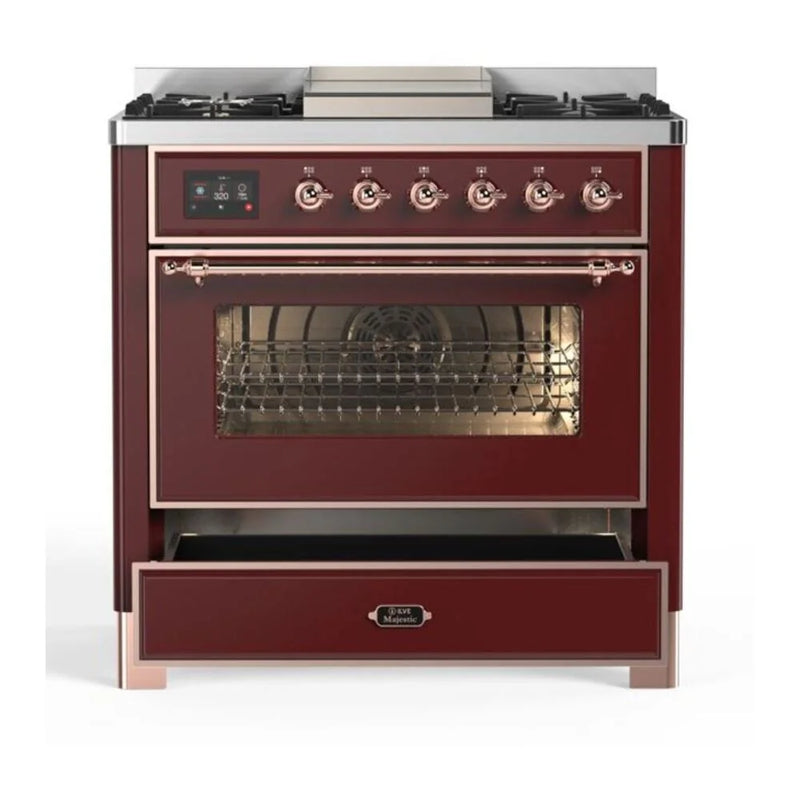 ILVE Majestic II 36" Dual Fuel Freestanding Range in Burgundy with Copper Trim, UM09FDNS3BUPLP