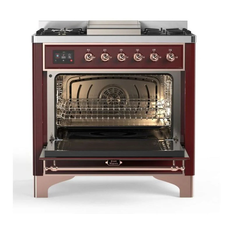 ILVE Majestic II 36" Dual Fuel Freestanding Range in Burgundy with Copper Trim, UM09FDNS3BUP