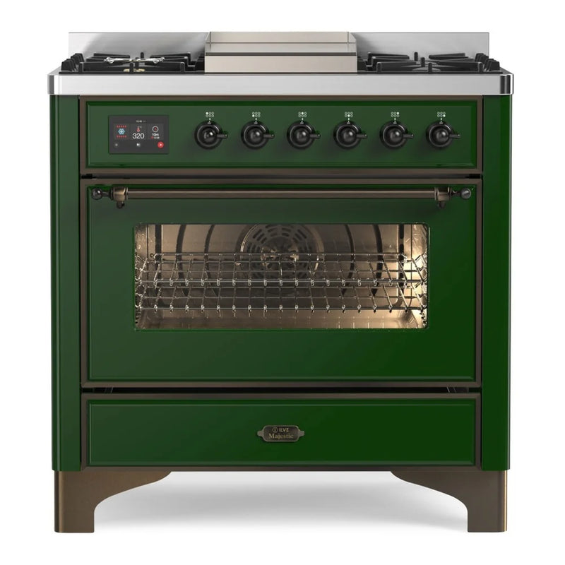 ILVE Majestic II 36" Dual Fuel Freestanding Range in Emerald Green with Burnished Trim, UM09FDNS3EGBLP