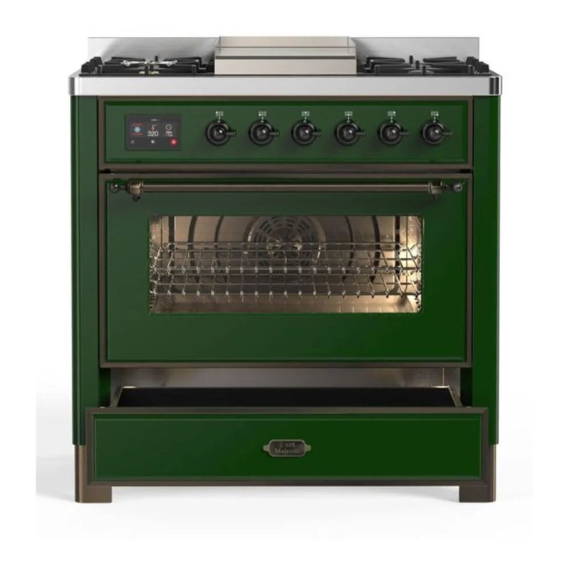 ILVE Majestic II 36" Dual Fuel Freestanding Range in Emerald Green with Burnished Trim, UM09FDNS3EGB
