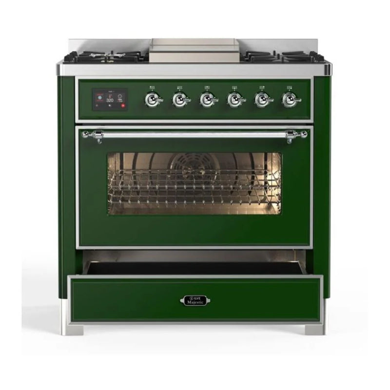 ILVE Majestic II 36" Dual Fuel Freestanding Range in Emerald Green with Chrome Trim, UM09FDNS3EGCLP