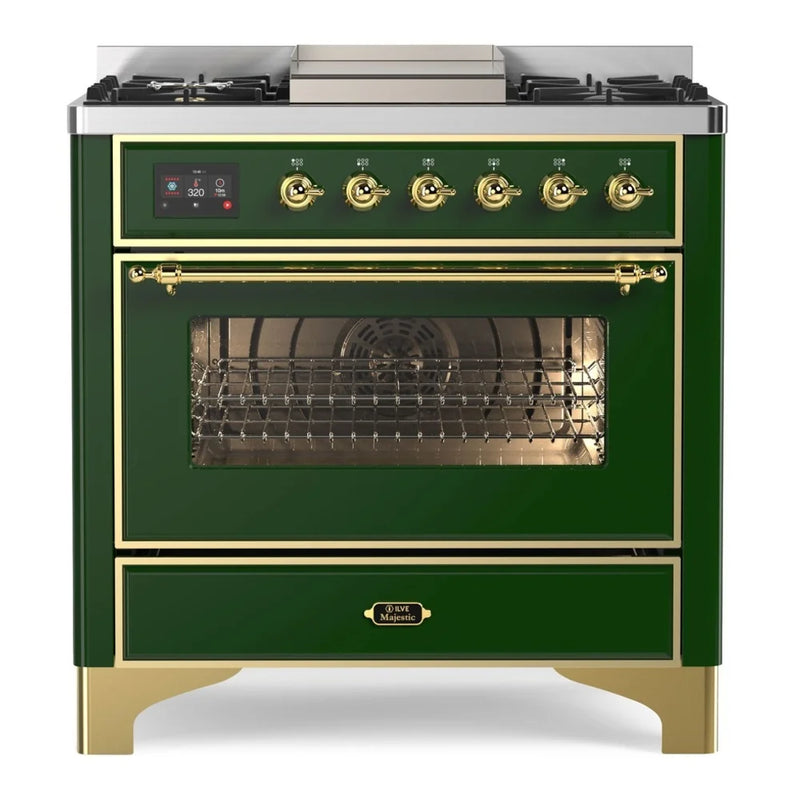 ILVE Majestic II 36" Dual Fuel Freestanding Range in Emerald Green with Brass Trim, UM09FDNS3EGGLP