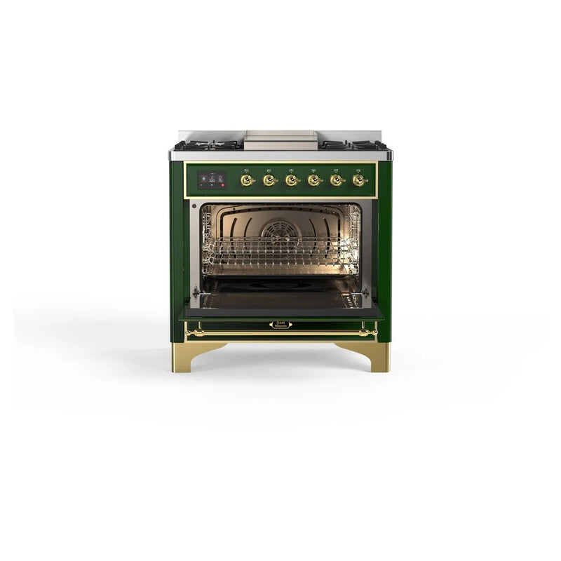 ILVE Majestic II 36" Dual Fuel Freestanding Range in Emerald Green with Brass Trim, UM09FDNS3EGGLP