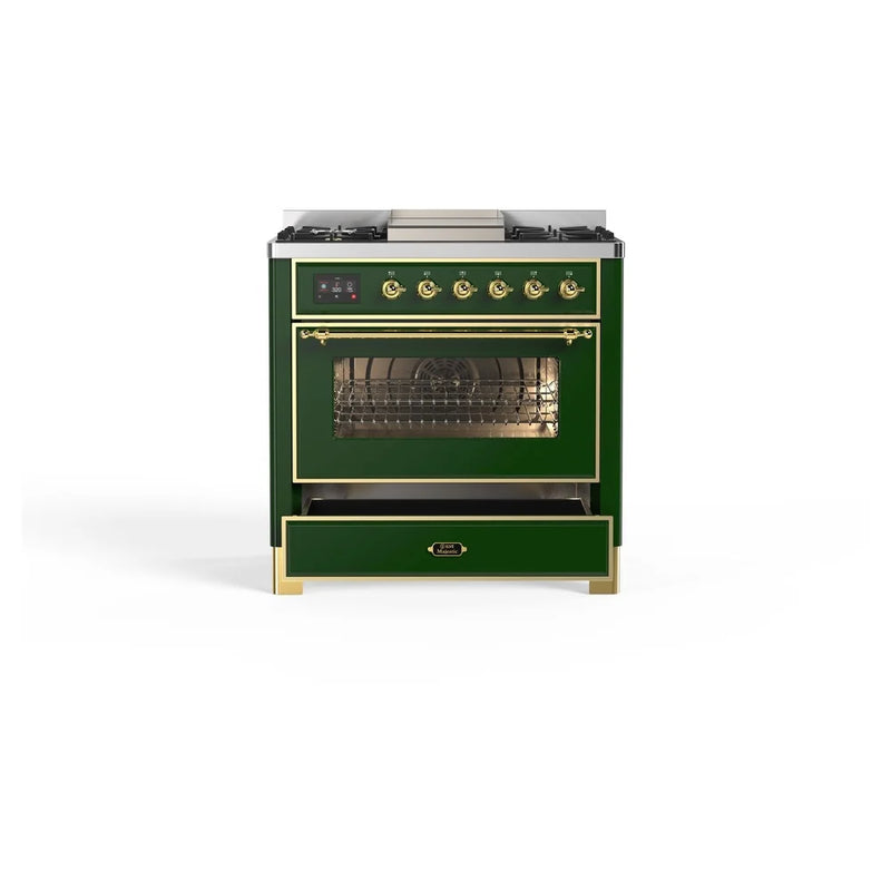 ILVE Majestic II 36" Dual Fuel Freestanding Range in Emerald Green with Brass Trim, UM09FDNS3EGGLP