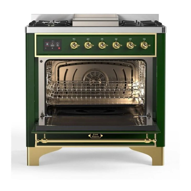 ILVE Majestic II 36" Dual Fuel Freestanding Range in Emerald Green with Brass Trim, UM09FDNS3EGG
