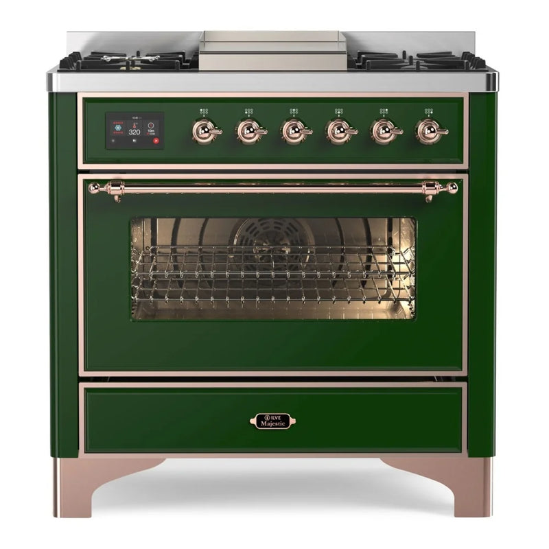 ILVE Majestic II 36" Dual Fuel Freestanding Range in Emerald Green with Copper Trim, UM09FDNS3EGPLP