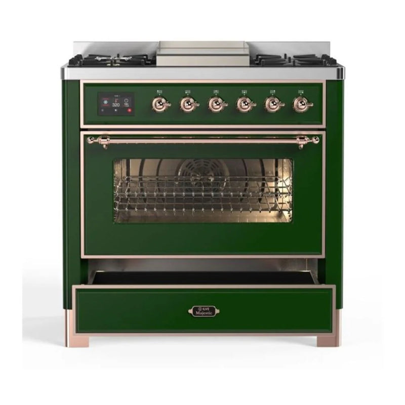 ILVE Majestic II 36" Dual Fuel Freestanding Range in Emerald Green with Copper Trim, UM09FDNS3EGPLP