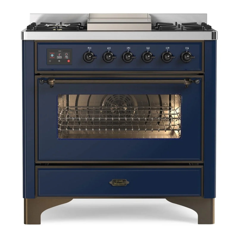 ILVE Majestic II 36" Dual Fuel Freestanding Range in Midnight Blue with Burnished Trim, UM09FDNS3MBBLP