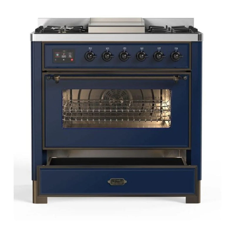 ILVE Majestic II 36" Dual Fuel Freestanding Range in Midnight Blue with Burnished Trim, UM09FDNS3MBB