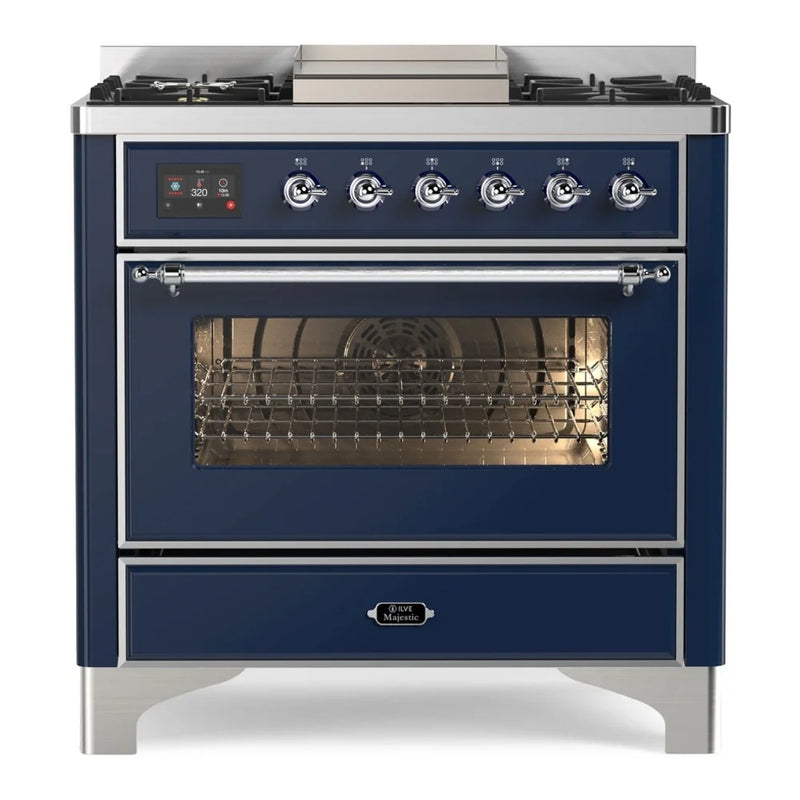 ILVE Majestic II 36" Dual Fuel Freestanding Range in Midnight Blue with Chrome Trim, UM09FDNS3MBCLP