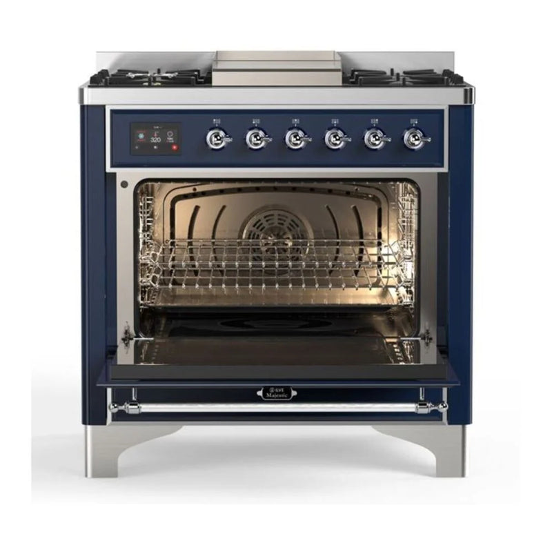 ILVE Majestic II 36" Dual Fuel Freestanding Range in Midnight Blue with Chrome Trim, UM09FDNS3MBCLP