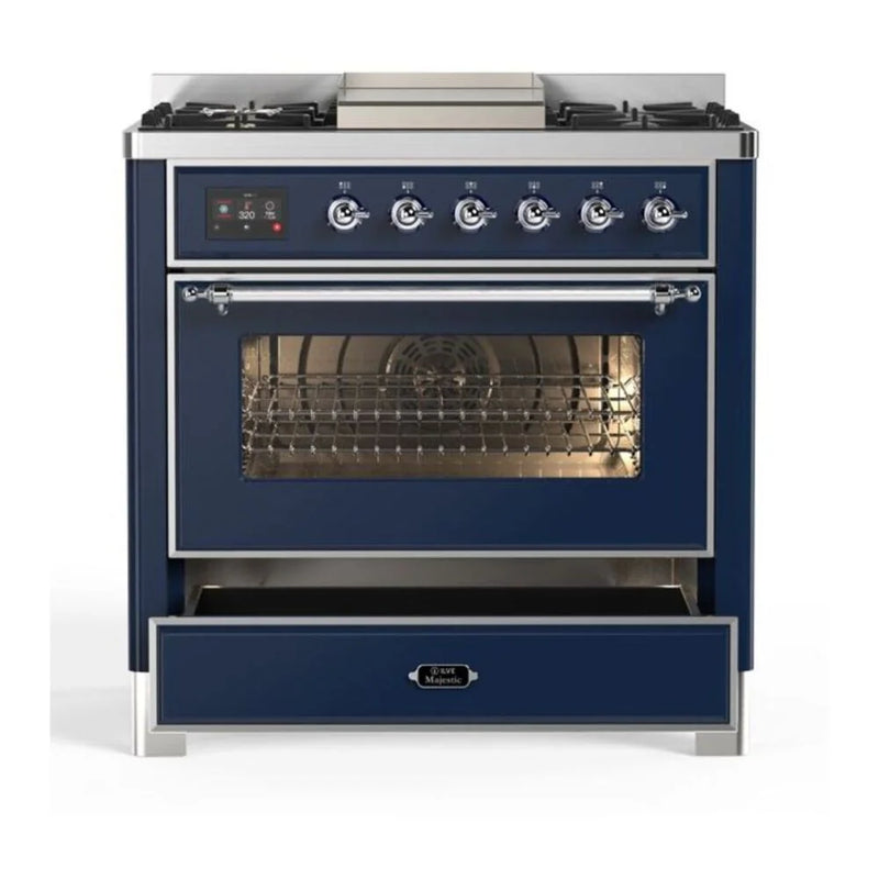 ILVE Majestic II 36" Dual Fuel Freestanding Range in Midnight Blue with Chrome Trim, UM09FDNS3MBCLP