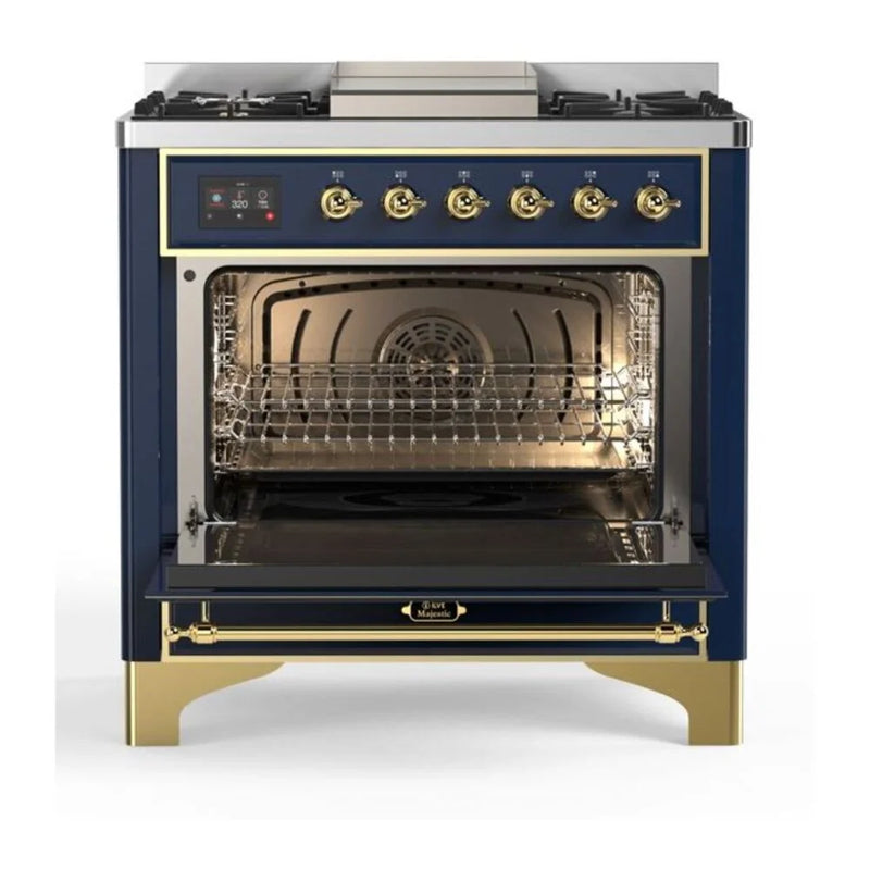 ILVE Majestic II 36" Dual Fuel Freestanding Range in Midnight Blue with Brass Trim, UM09FDNS3MBGLP