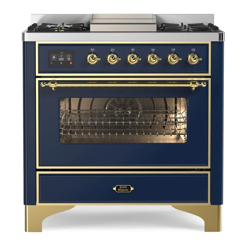 ILVE Majestic II 36" Dual Fuel Freestanding Range in Midnight Blue with Brass Trim, UM09FDNS3MBG
