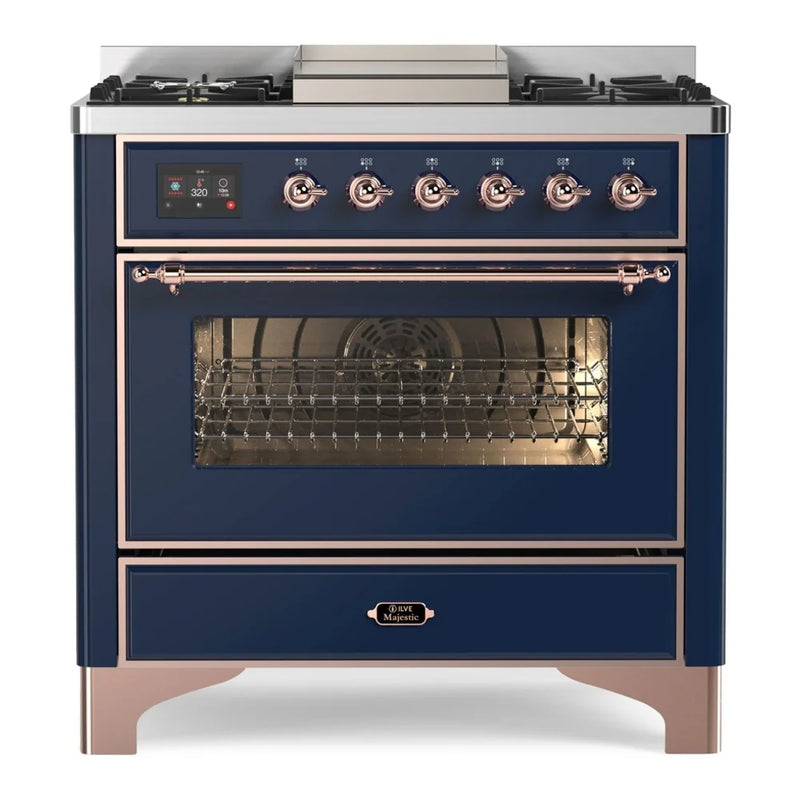 ILVE Majestic II 36" Dual Fuel Freestanding Range in Midnight Blue with Copper Trim, UM09FDNS3MBPLP