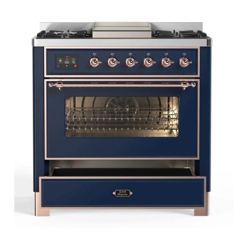 ILVE Majestic II 36" Dual Fuel Freestanding Range in Midnight Blue with Copper Trim, UM09FDNS3MBP