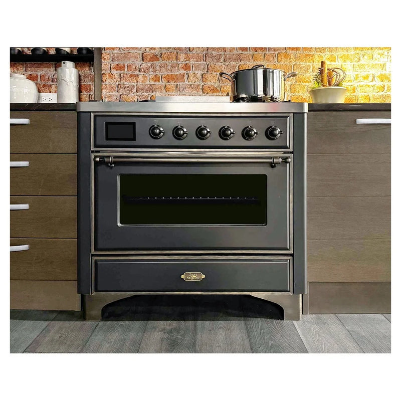 ILVE Majestic II 36" Dual Fuel Freestanding Range in Graphite Matte with Burnished Trim, UM09FDNS3MGBLP