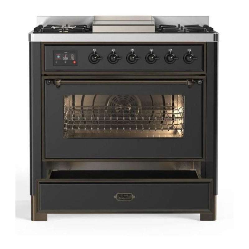 ILVE Majestic II 36" Dual Fuel Freestanding Range in Graphite Matte with Burnished Trim, UM09FDNS3MGB