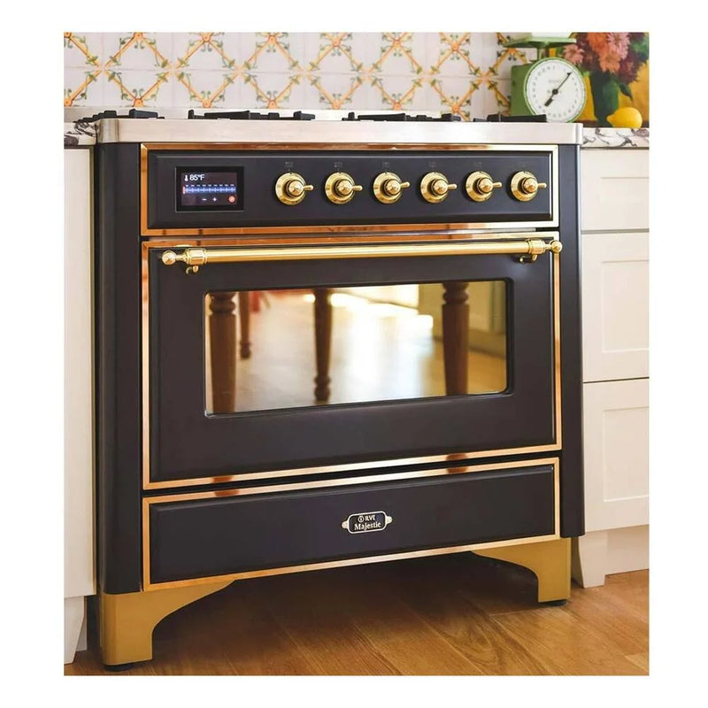 ILVE Majestic II 36" Dual Fuel Freestanding Range in Graphite Matte with Brass Trim, UM09FDNS3MGGLP