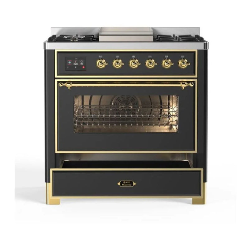 ILVE Majestic II 36" Dual Fuel Freestanding Range in Graphite Matte with Brass Trim, UM09FDNS3MGG
