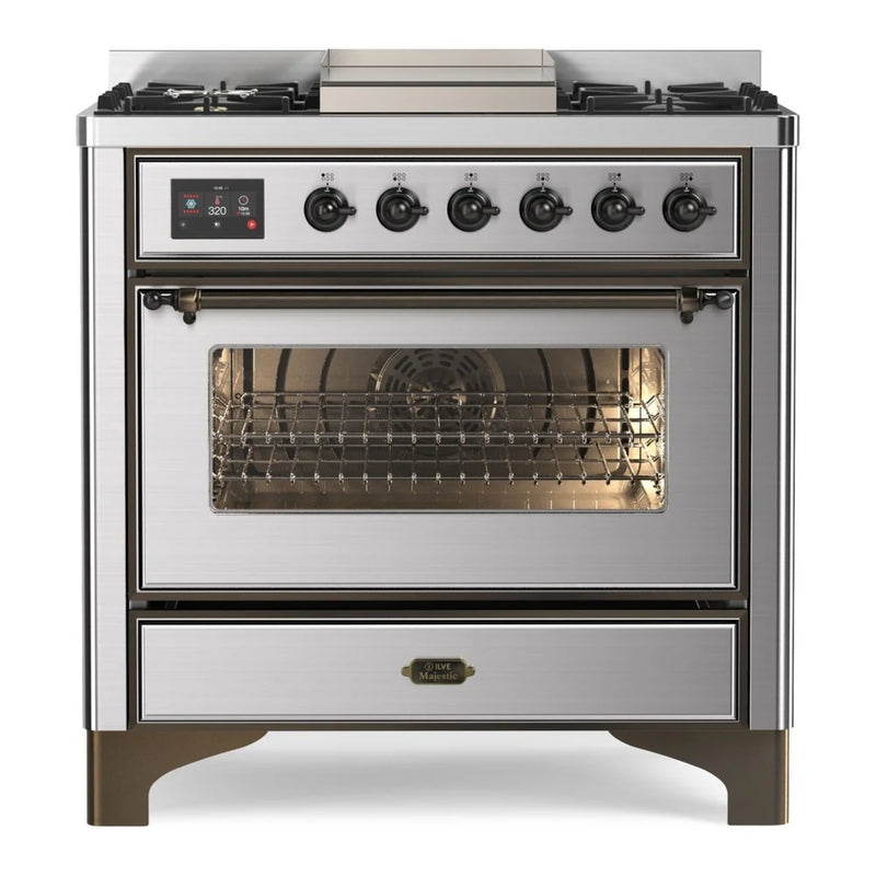 ILVE Majestic II 36" Dual Fuel Freestanding Range in Stainless Steel with Burnished Trim, UM09FDNS3SSBLP