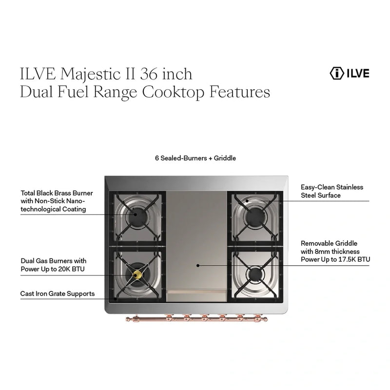 ILVE Majestic II 36" Dual Fuel Freestanding Range in Stainless Steel with Burnished Trim, UM09FDNS3SSBLP