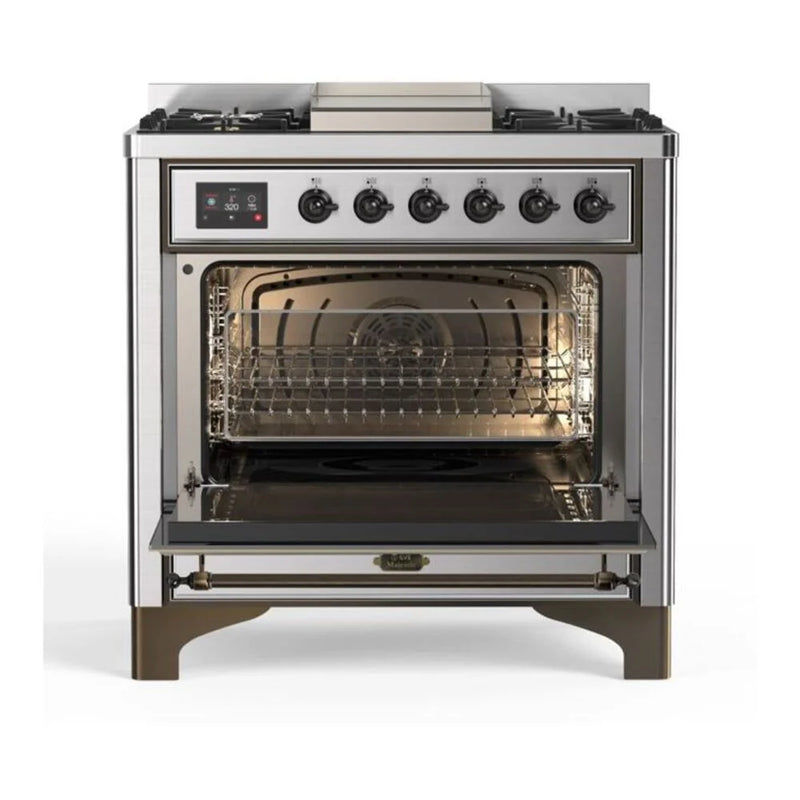 ILVE Majestic II 36" Dual Fuel Freestanding Range in Stainless Steel with Burnished Trim, UM09FDNS3SSBLP