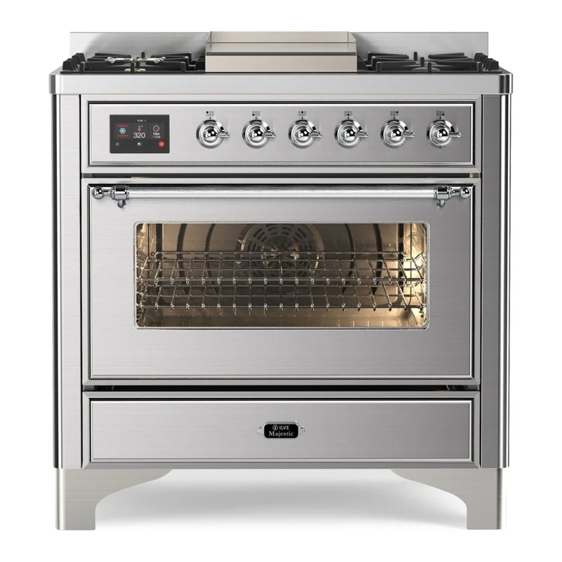 ILVE Majestic II 36" Dual Fuel Freestanding Range in Stainless Steel with Chrome Trim, UM09FDNS3SSCLP