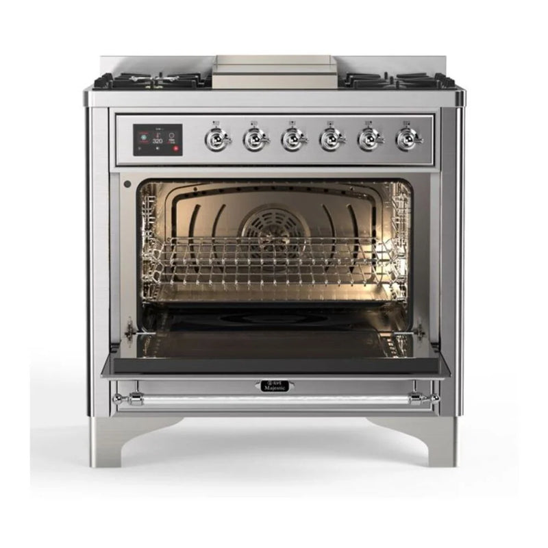 ILVE Majestic II 36" Dual Fuel Freestanding Range in Stainless Steel with Chrome Trim, UM09FDNS3SSCLP
