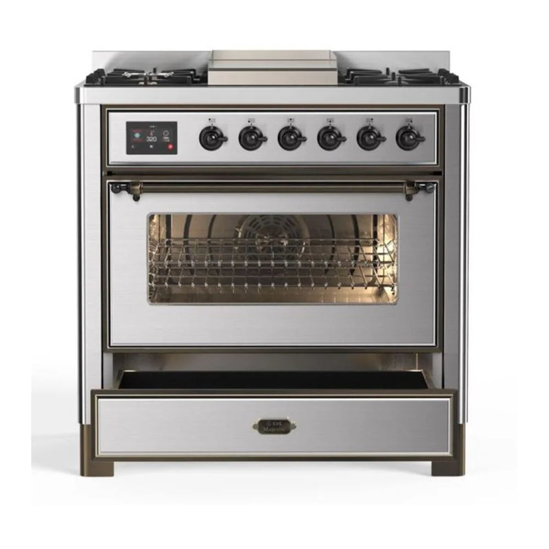 ILVE Majestic II 36" Dual Fuel Freestanding Range in Stainless Steel with Chrome Trim, UM09FDNS3SSCLP