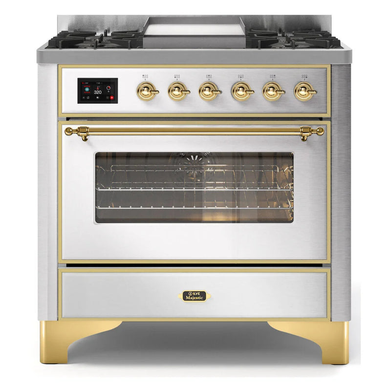 ILVE Majestic II 36" Dual Fuel Freestanding Range in Stainless Steel with Brass Trim, UM09FDNS3SSGLP