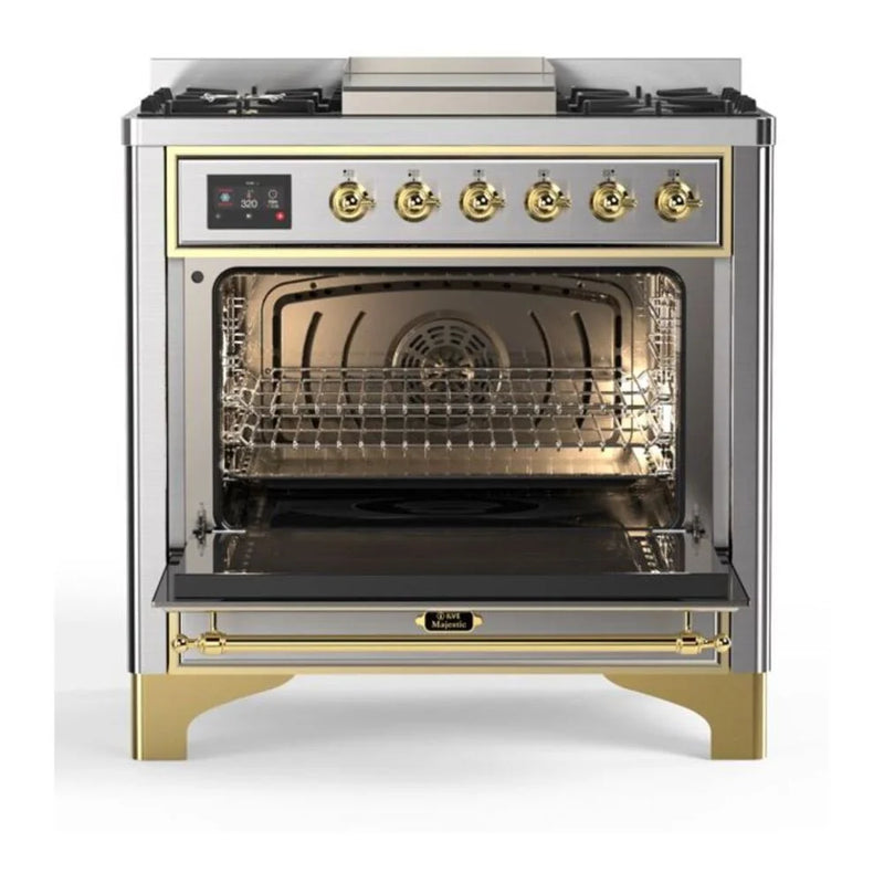 ILVE Majestic II 36" Dual Fuel Freestanding Range in Stainless Steel with Brass Trim, UM09FDNS3SSGLP