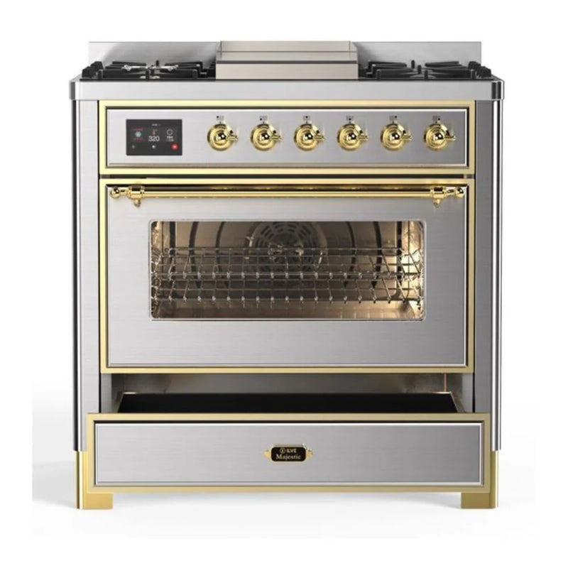 ILVE Majestic II 36" Dual Fuel Freestanding Range in Stainless Steel with Brass Trim, UM09FDNS3SSGLP