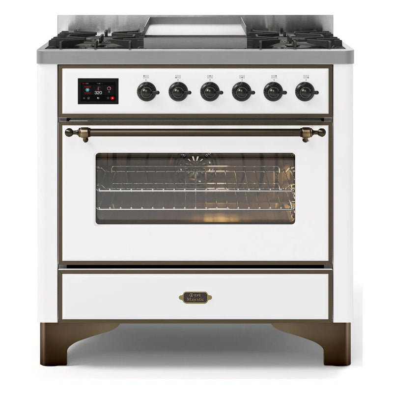 ILVE Majestic II 36" Dual Fuel Freestanding Range in White with Burnished Trim, UM09FDNS3WHBLP