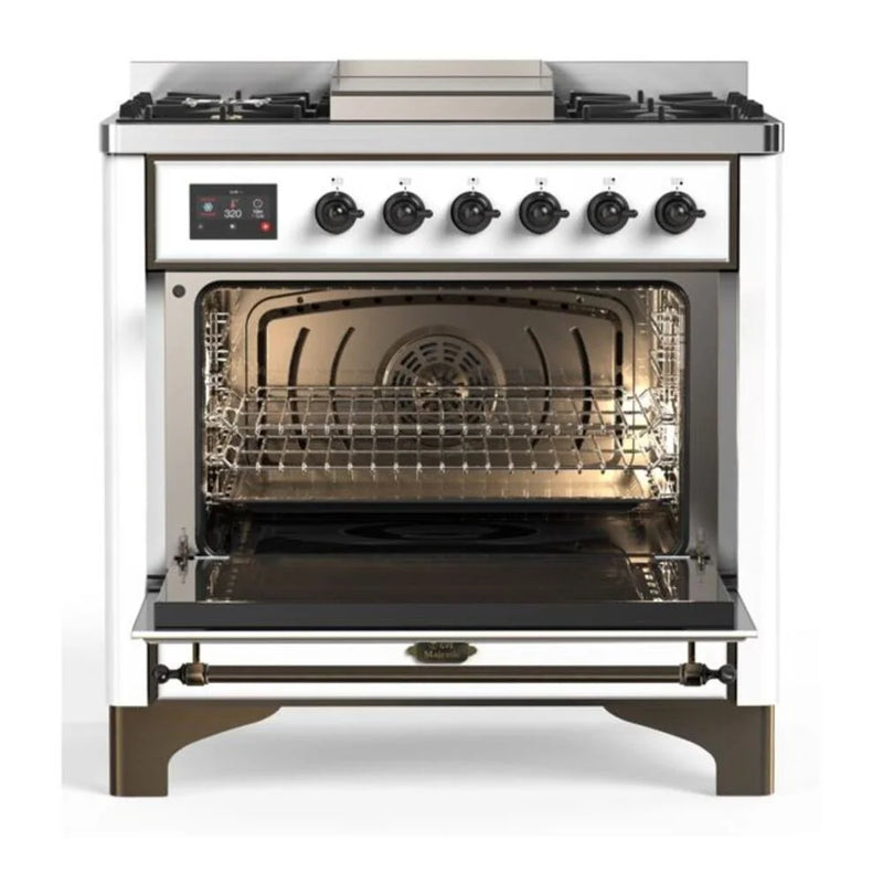 ILVE Majestic II 36" Dual Fuel Freestanding Range in White with Burnished Trim, UM09FDNS3WHBLP
