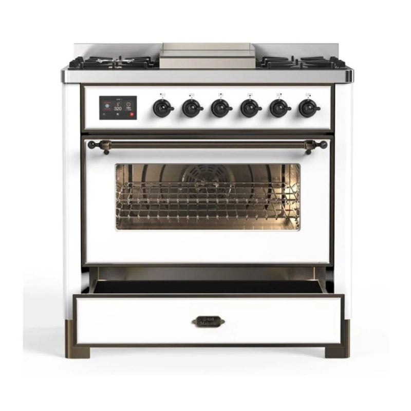 ILVE Majestic II 36" Dual Fuel Freestanding Range in White with Burnished Trim, UM09FDNS3WHB