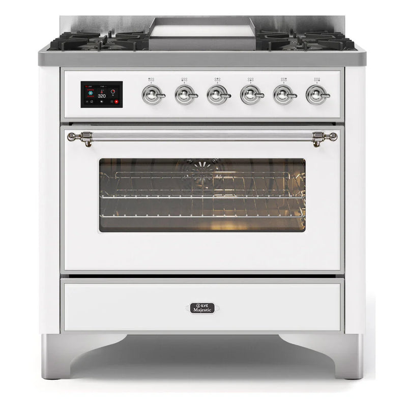 ILVE Majestic II 36" Dual Fuel Freestanding Range in White with Chrome Trim, UM09FDNS3WHCLP