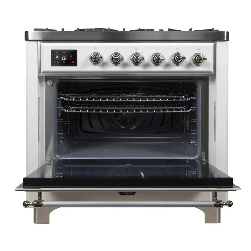 ILVE Majestic II 36" Dual Fuel Freestanding Range in White with Chrome Trim, UM09FDNS3WHCLP