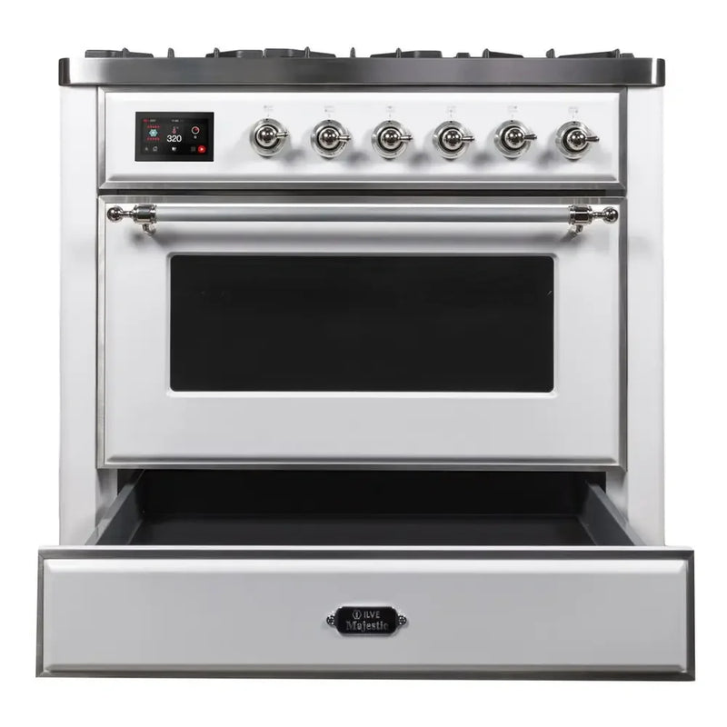 ILVE Majestic II 36" Dual Fuel Freestanding Range in White with Chrome Trim, UM09FDNS3WHCLP