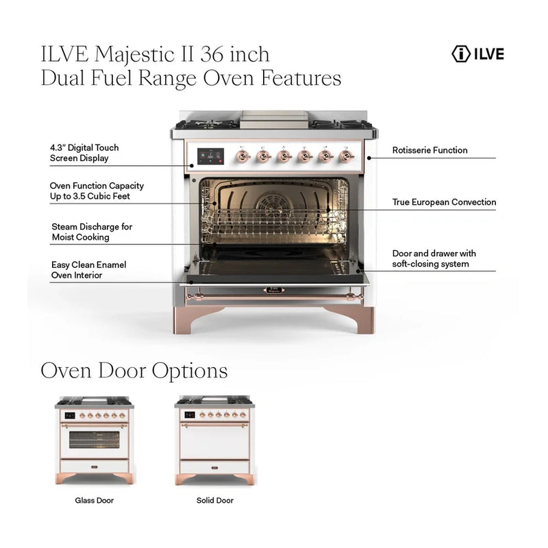 ILVE Majestic II 36" Dual Fuel Freestanding Range in White with Brass Trim, UM09FDNS3WHGLP