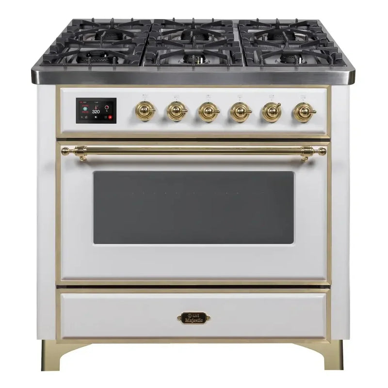 ILVE Majestic II 36" Dual Fuel Freestanding Range in White with Brass Trim, UM09FDNS3WHGLP