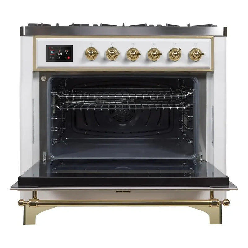 ILVE Majestic II 36" Dual Fuel Freestanding Range in White with Brass Trim, UM09FDNS3WHGLP