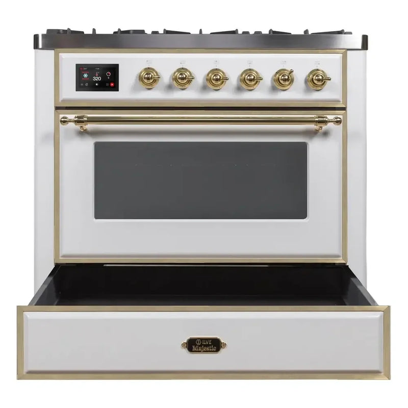 ILVE Majestic II 36" Dual Fuel Freestanding Range in White with Brass Trim, UM09FDNS3WHGLP