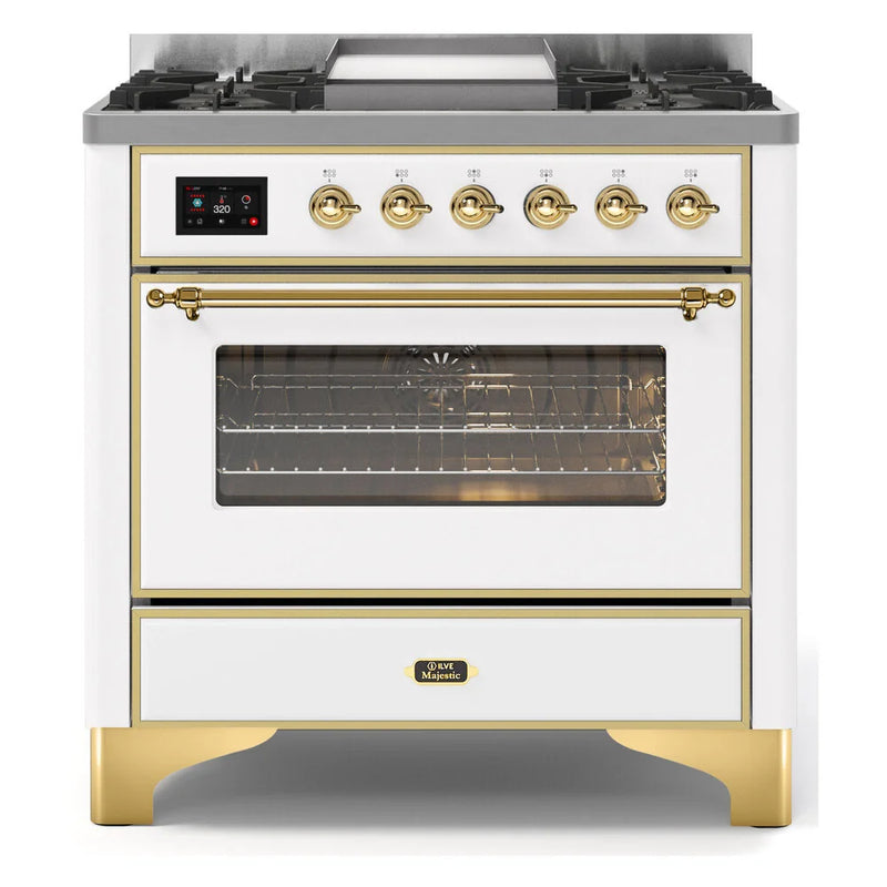 ILVE Majestic II 36" Dual Fuel Freestanding Range in White with Brass Trim, UM09FDNS3WHG