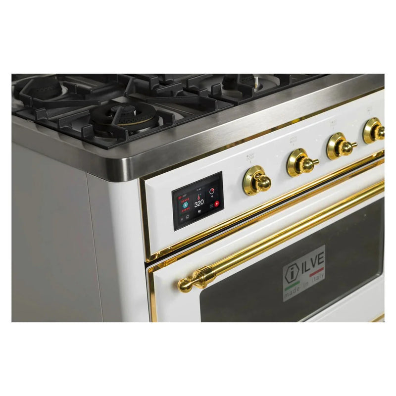 ILVE Majestic II 36" Dual Fuel Freestanding Range in White with Brass Trim, UM09FDNS3WHG