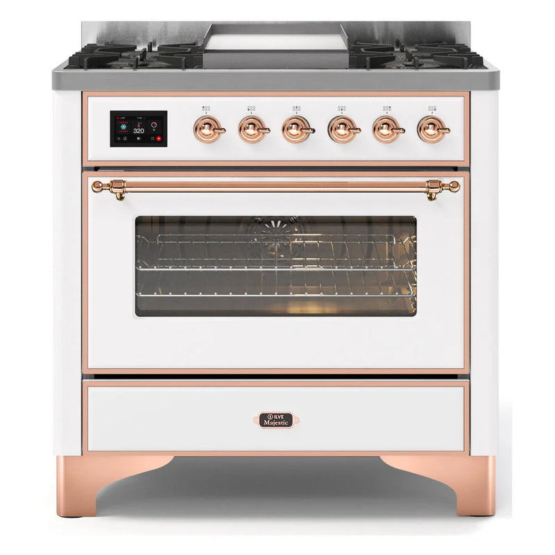ILVE Majestic II 36" Dual Fuel Freestanding Range in White with Copper Trim, UM09FDNS3WHP