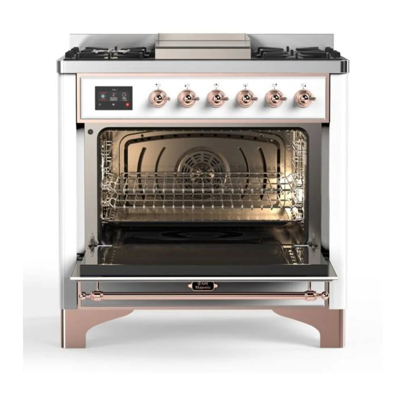 ILVE Majestic II 36" Dual Fuel Freestanding Range in White with Copper Trim, UM09FDNS3WHP