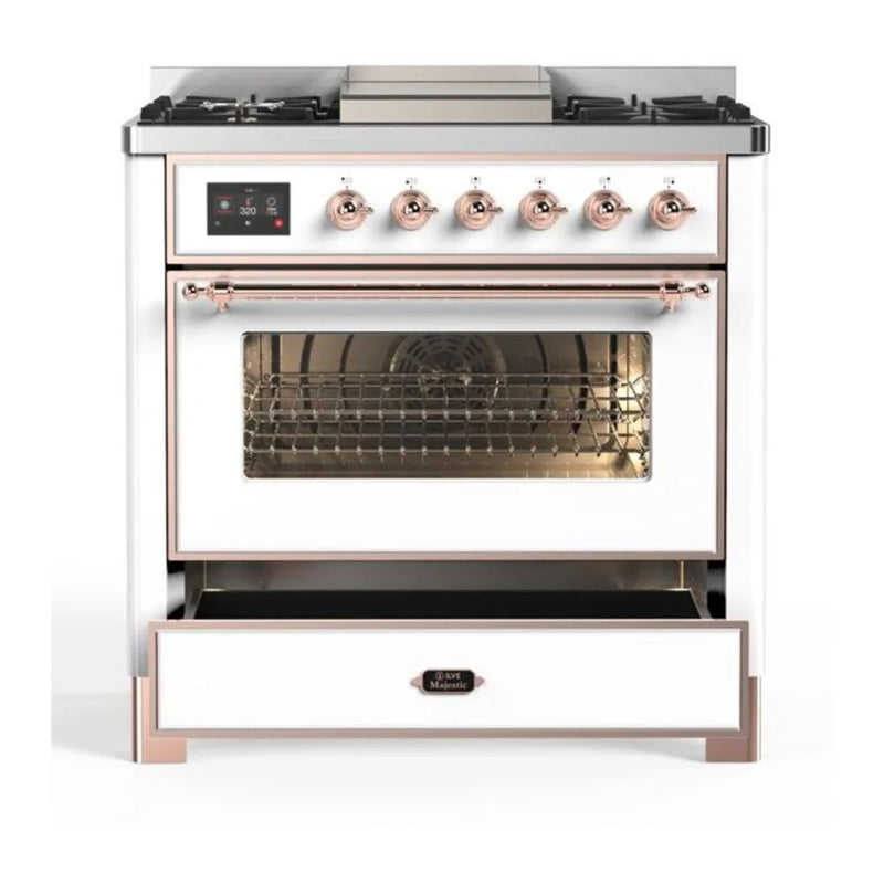 ILVE Majestic II 36" Dual Fuel Freestanding Range in White with Copper Trim, UM09FDNS3WHP