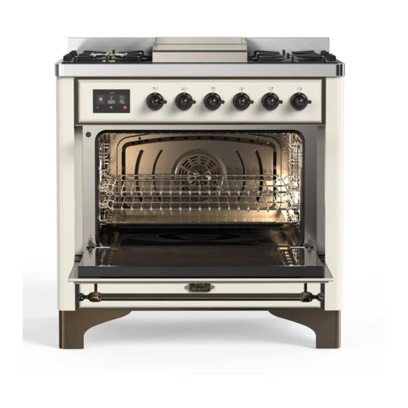 ILVE Majestic II 36" Dual Fuel Freestanding Range in Antique White with Burnished Trim, UM09FDQNS3AWBLP